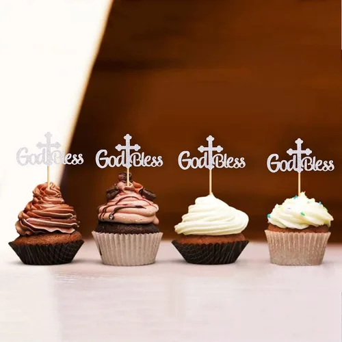 Vista 6 de Ercadio Paquete de 36 adornos para cupcakes con purpurina de cruz con purpurina para bautizo, fiesta religiosa cristiana, suministros de decoración