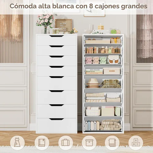 Vista 7 de FACBOTALL Cómoda blanca alta, cómoda de 8 cajones con asas ranuradas, cómodas altas blancas, cómoda moderna con gran espacio de almacenamiento