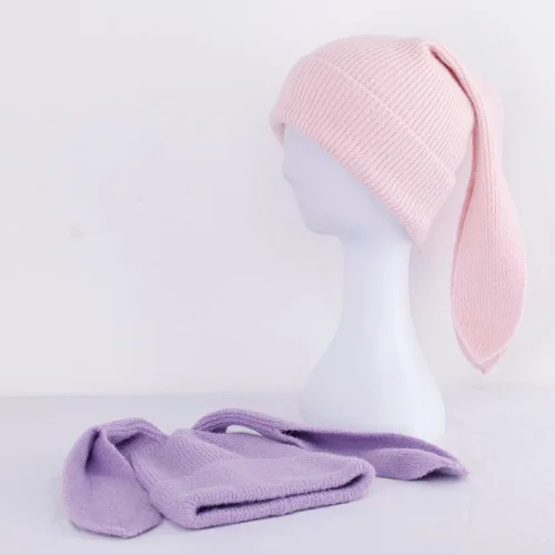 Vista 5 de Gorro de conejo para mujer, lindo conejo de ganchillo, gorro de invierno, cálido gorro de calavera para esquí al aire libre