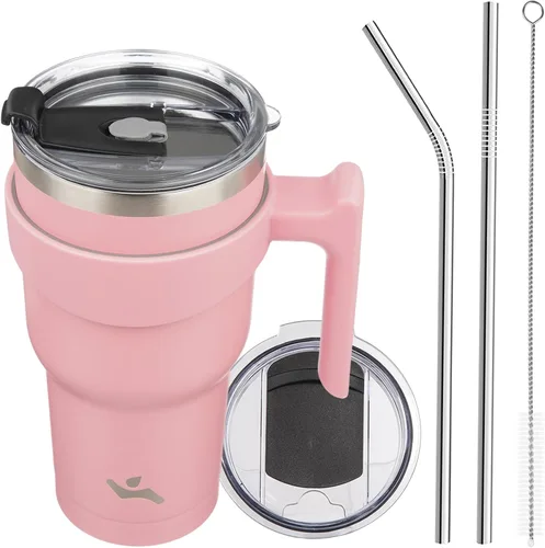Vista 59 de Konokyo - Vaso de 10 onzas con asa y 2 popotes, 2 tapas, botella de agua aislada de acero inoxidable, taza de viaje reutilizable, color verde militar