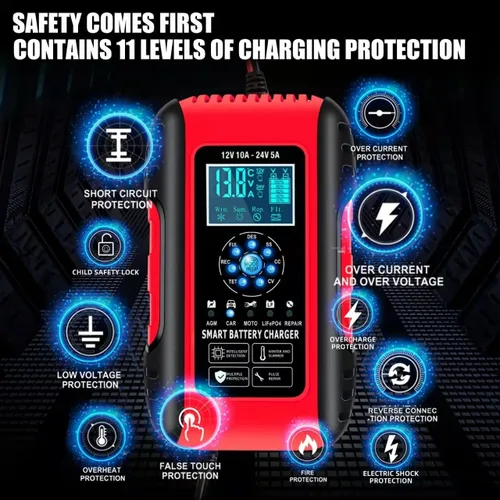 Vista 6 de E-FAST LiFePO4 - Cargador de batería de 10 amperios 12/24 V de plomo ácido completamente automático, cargador de batería de automóvil