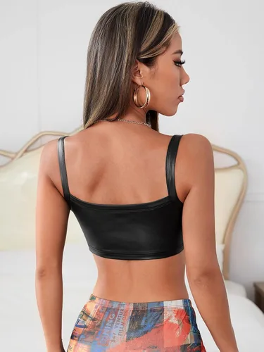 Vista 2 de MakeMeChic Camiseta corta sin mangas de piel sintética sintética para mujer