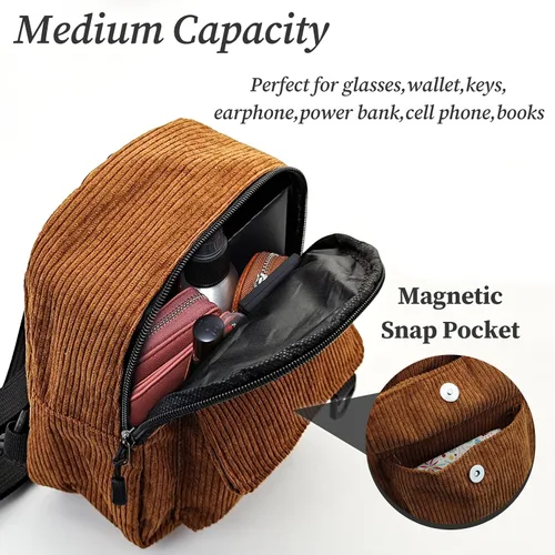 Vista 3 de Mochilas de moda para mujer, mochila de pana para mujer, mochila portátil, mochila pequeña, Marrón, Moda