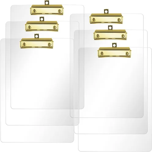 Vista 12 de Moocci Portapapeles transparentes de acrílico grueso, bonito portapapeles transparente con clip dorado fuerte agujero oculto para colgar papel A4