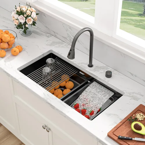Vista 32 de Sarlai Fregadero de cocina empotrado de 30 pulgadas dorado - Fregadero de cocina de 76,2 cm x 45,7 cm con repisa para estación de trabajo de acero