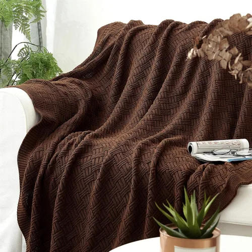 Vista 6 de Manta de Punto de Algodón Marrón Oscuro para Sofá Cama - Decorativa para el Hogar Suave y Acogedora Tejido de Suéter Otoñal de Punto Trenzado - 2.2