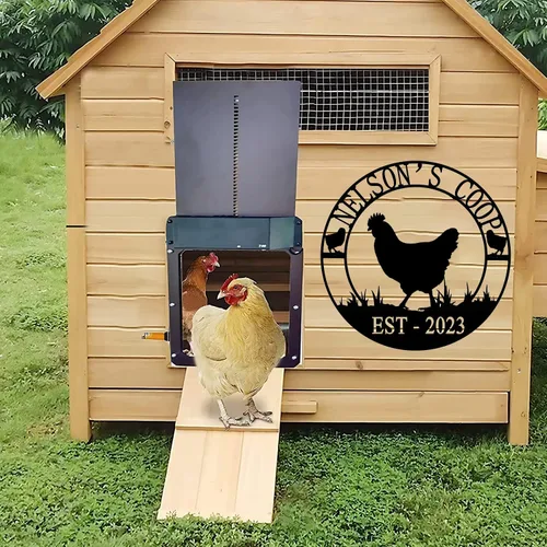 Vista 2 de Letrero de metal personalizado para gallinero, letrero de granja de pollo de metal personalizado, familia de pollo, EST, arte de pared, decoración