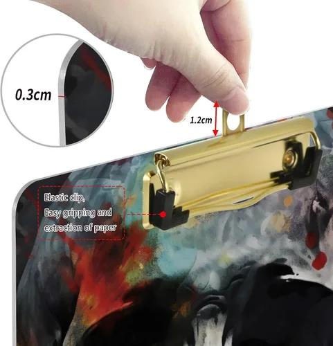 Vista 4 de Vnurnrn Portapapeles de plástico de calaveras coloridas con gancho tamaño A4 12,5 x 9 pulgadas clip de oro para la oficina de dibujo