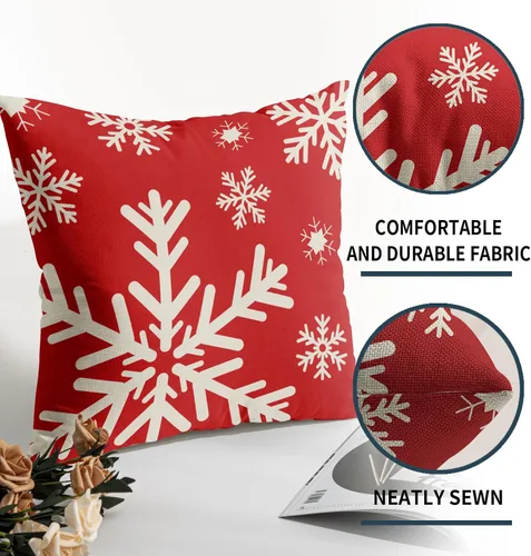 Vista 5 de Juego de 2 fundas de almohada de Navidad de 16 x 16 pulgadas, diseño de copos de nieve rojos rústicos rojos con temática de invierno, almohadas