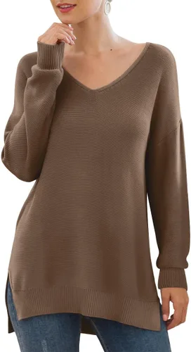 Vista 4 de GRECERELLE Suéter de punto con cuello en V y manga larga para mujer, con abertura lateral, suelto, informal, suéter de punto