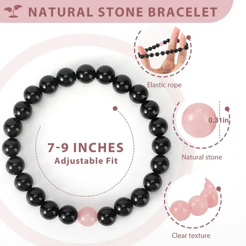 Vista 2 de XYZBSTAR 2Pcs Beaded Stretch Bracelets 8mm Round Gemstone Healing Crystal Stone Bracelet Gift for Women Man Couple Reiki Jewelry