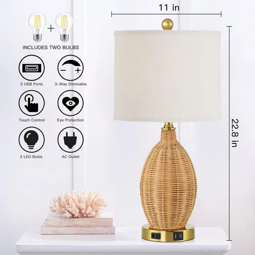 Vista 5 de CINSARY Lámparas de mesa de ratán con control táctil, lámparas de noche regulables de 3 vías para dormitorio, juego de 2 con 2 puertos USB y salida