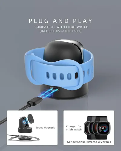 Vista 4 de Base de carga para Fitbit Sense/Sense 2/Versa 3/Versa 4, soporte de cargador magnético de reloj con cable USB-C, accesorios para relojes Negro