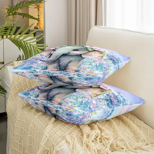 Vista 3 de Castle Fairy Juego de 2 fundas de almohada Kawaii con diseño de elefante, diseño de animales salvajes y flores rosas en acuarela, 16 x 16 pulgadas