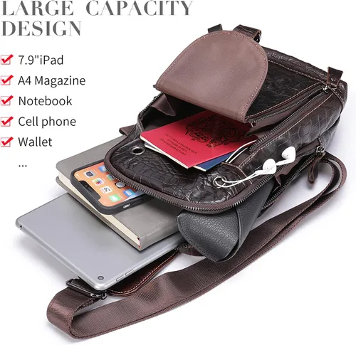 Vista 5 de QAZWSXE Bolso cruzado de cuero para hombre, bolso bandolera de hombro, bolsas casuales para el pecho, para viajes, senderismo, mochilas, 11 - café