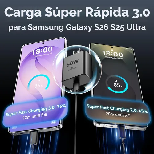 Vista 2 de 60W cargador rápido USB tipo C cable de carga rápida del cargador del Negro