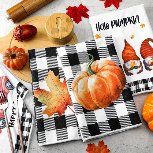 Vista 3 de Sratte 4 piezas de toallas de cocina de Acción de Gracias, toallas de mano de otoño 16 x 24 pulgadas, paño de cocina de calabaza, gnomo de otoño