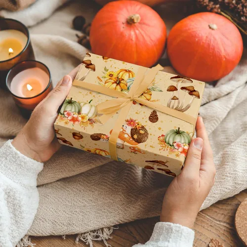 Vista 3 de SaringSwoon Papel de Regalo de Otoño para Niños y Adultos - Papel de Regalo de Bosque con Diseño de Erizo, Calabaza y Hongos para Otoño, Cumpleaños