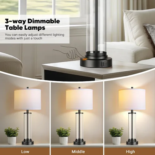 Vista 2 de QiMH Juego de 2 lámparas de mesa con control táctil con puertos USB, lámpara de noche regulable de 3 vías para sala de estar, dormitorio, casa