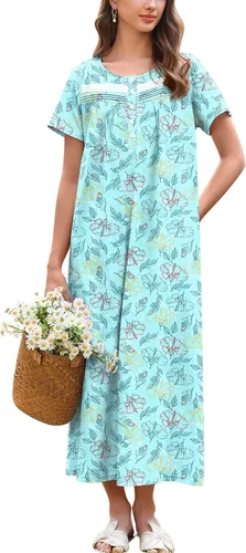 Vista 10 de Ekouaer Camisón para Mujeres de Algodón Camisón Largo de Noche Camisón de Manga Corta con Bolsillos Camisón con Botones Ropa de Dormir Suave