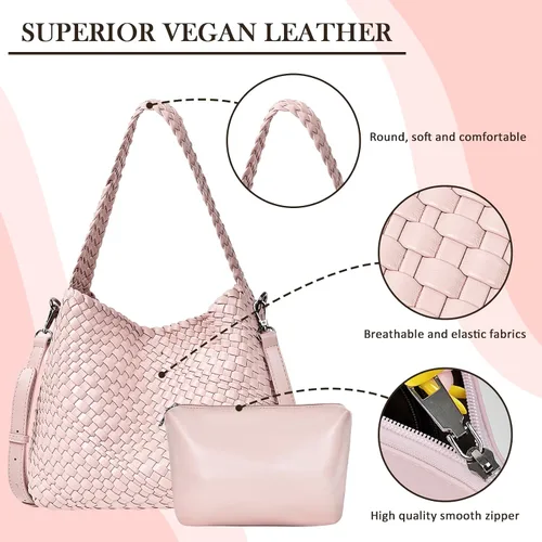 Vista 2 de Woven Bag for Women, Vegan Leather Tote Bag Retro Handbag, Handmade Large Shoulder Bags Crossbody Bags Summer Beach Purse