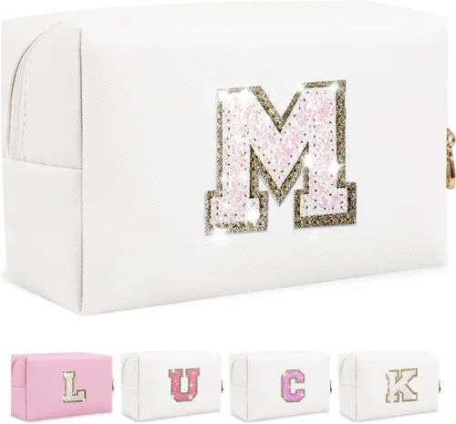 Vista 18 de Bolsa de maquillaje con parche de letra inicial personalizada, bolsa de cosméticos de chenilla preppy con letra de chenilla con cremallera, Y