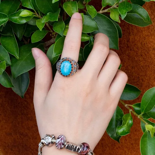 Vista 2 de AROTOROM Retro Turquoise Ring for Men in 925 Sterling Silver Oval Sky Blue Stone Ring Life Track Significance Turkish Handmade Engraved Silver Ring
