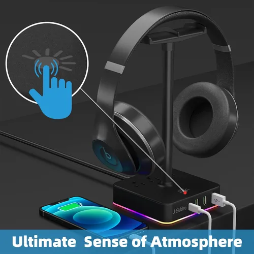 Vista 4 de J Elektro Regleta de alimentación con USB RGB02 soporte para auriculares con función RGB multiinterfaz, puertos de carga rápida, amplia