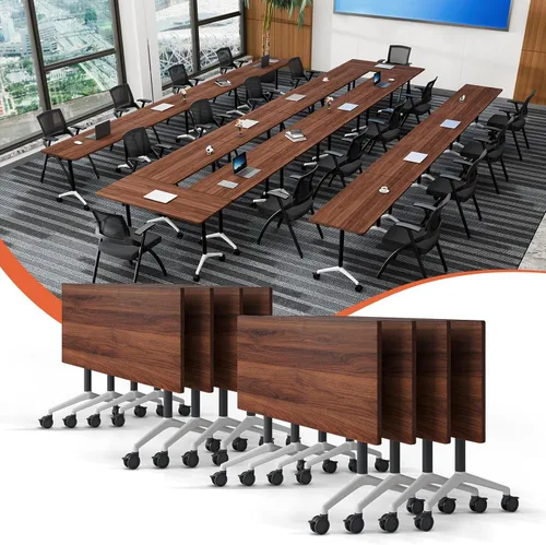 Vista 31 de Mesa de conferencias plegable con ruedas, mesa modular para sala de conferencias con 2 ojales para cables, mesas móviles de sala de reuniones
