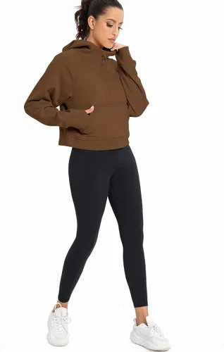 Vista 5 de POGTMM Sudadera corta con media cremallera para mujer, con forro polar, con cremallera de un cuarto, sudadera atlética de moda, trajes de invierno