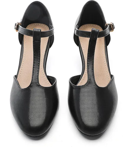 Vista 4 de kkdom Zapatos de tacón bajo con correa en T y puntera cerrada para mujer
