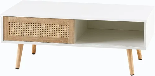 Vista 8 de IANIYA Mesa de centro con almacenamiento oculto, mesa central rectangular de 41.3 pulgadas con puerta tejida de ratán y patas de madera maciza