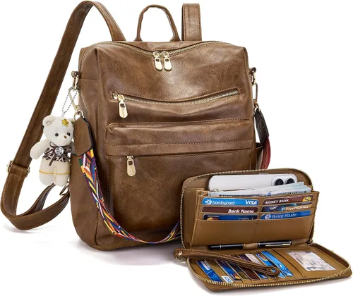 Vista 15 de Soperwillton Bolso de mochila para mujer. Bolsos de mano con diseño multiusos. Bolsa de hombro de cuero sintético. Bolsa de viaje. Juego de 2