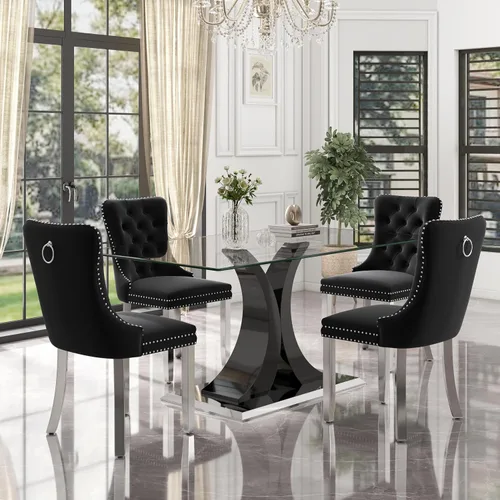 Vista 53 de Juego de comedor moderno de vidrio de lujo de 5 piezas, juego de cena rectangular minimalista grande para 4, juego de mesa de cocina de vidrio