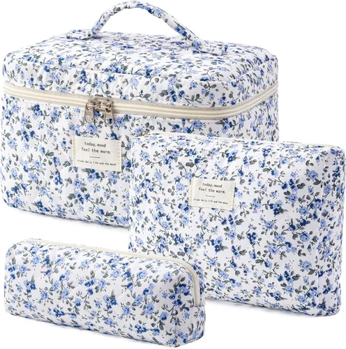 Vista 38 de HBselect Bolsa de Maquillaje Acolchada, 3 Piezas de Gran Bolsa de Maquillaje de Viaje de Algodón, Linda Bolsa de Maquillaje Floral Coquette, Bolsa