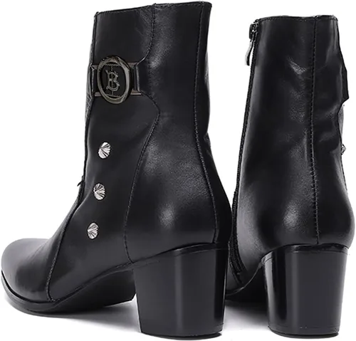 Vista 6 de Santimon Botas de vestir para hombre, estilo casual, de cuero auténtico, botas Chelsea de moda, botas vaqueras occidentales, para baile de Negro