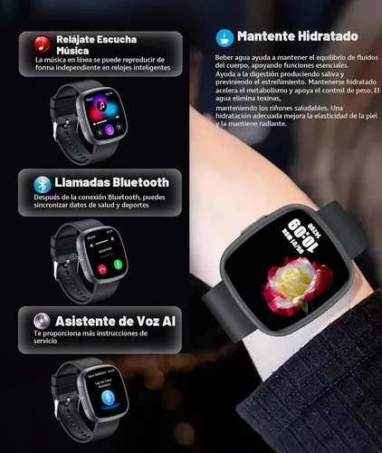 Vista 6 de Reloj inteligente resistente al agua, pantalla táctil HD de 1.72 pulgadas, rastreador avanzado de salud con más de 100 modos de ejercicio Negro