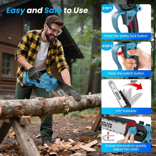 Vista 6 de Mini motosierra inalámbrica, de 8 pulgadas y 6 pulgadas con 2 baterías de 4000 mAh, motosierra de mano alimentada por batería para árboles, cortador