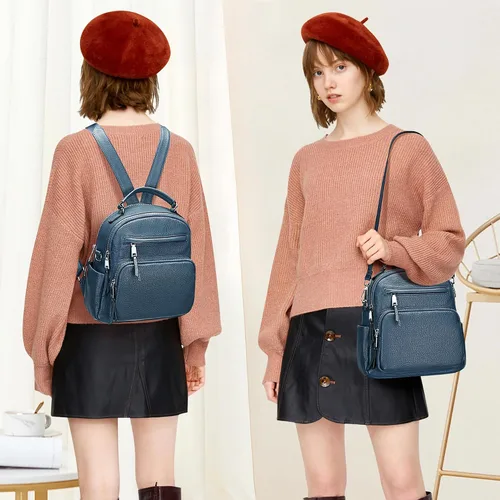 Vista 3 de ALTOSY Mochila de cuero genuino para mujer, pequeña mochila convertible bolso para damas, bolso de hombro 4 en 1 para llevar, azul, (Linen Blue)