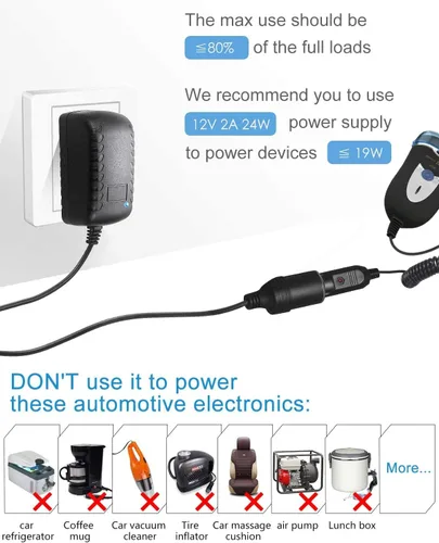 Vista 5 de Guy-Tech - Convertidor de CA a CC de 12 V, 2 A, 24 W, fuente de alimentación de 110 V a 12 V, adaptador de CA/CC con enchufe de encendedor