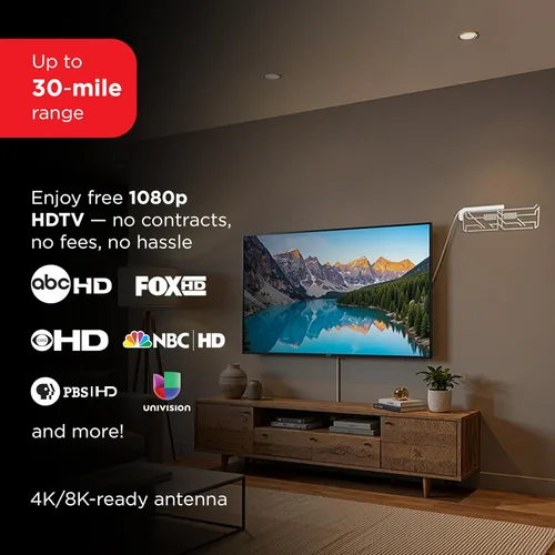 Vista 2 de UltraPro Antena de TV interior para Smart TV, canales locales HD de largo alcance, fácil de montar en pared o ventana, compatible con 4K 1080P HDTV