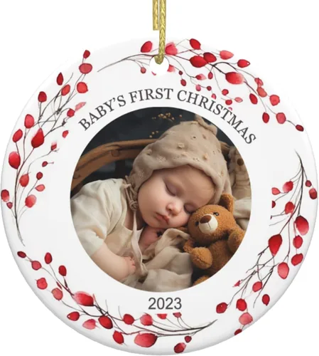 Vista 18 de Adornos personalizados para la primera Navidad del bebé, adornos colgantes de cerámica con foto de bebé, regalo de recuerdo para bebé recién nacido