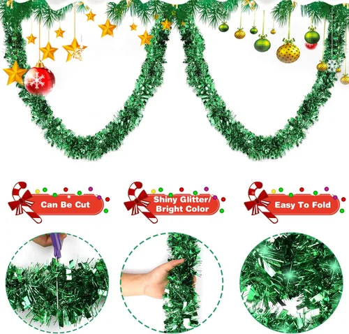 Vista 3 de VESPRO Guirnalda metálica verde para árbol de Navidad de 59 pies con purpurina para decoración de interiores y exteriores