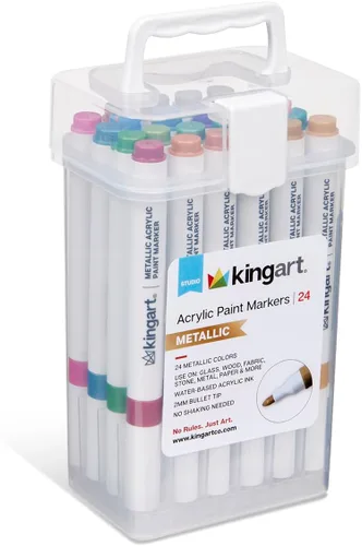 Vista 6 de KINGART Marcadores de pintura acrílica 409-24M con estuche de almacenamiento, 24 colores metálicos Tinta a base de agua con punta de bala de 0.079