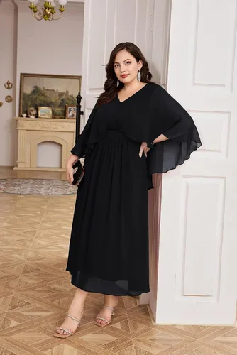 Vista 4 de Hanna Nikole Vestido de fiesta de noche de gasa con cuello en V para mujer, talla grande, manga capa, maxi vestidos para invitados de boda