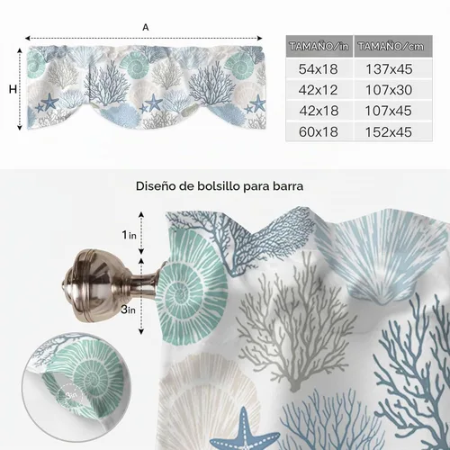 Vista 7 de Cenefa de amarre para ventanas, cortinas náuticas costeras de coral, cenefas con bolsillo para barra, cortinas de ventana con temática de playa