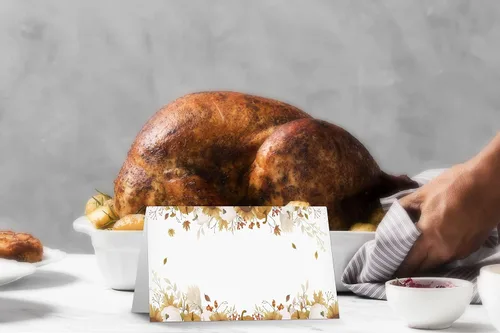 Vista 4 de Paquete de 25 tarjetas de mesa con temática de Acción de Gracias, con temática de cosecha de otoño, paquete de 25 tarjetas de media pliegue