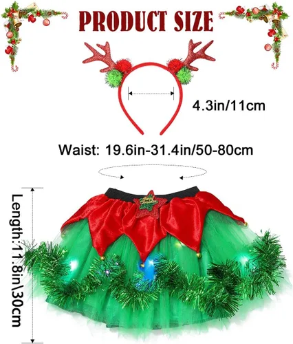 Vista 6 de Kakaco Juego de tutú de Navidad para niñas con diseño de reno rojo, diadema de Navidad, tutú de tul para niñas