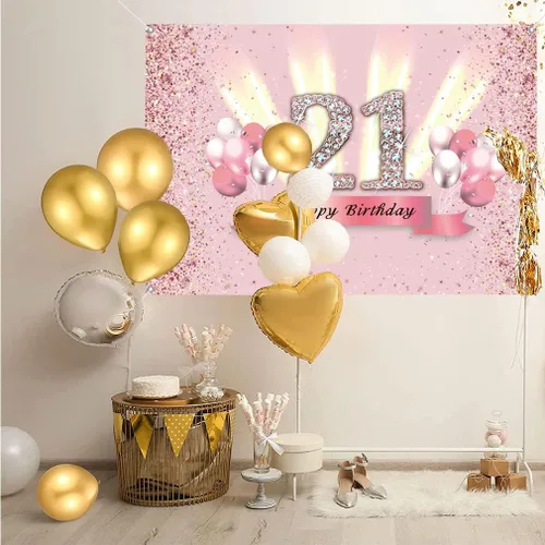 Vista 3 de Decoraciones de feliz cumpleaños 21 para mujer, pancarta de fondo para fiesta, póster de tela de aniversario, fondo de foto rosa, suministros