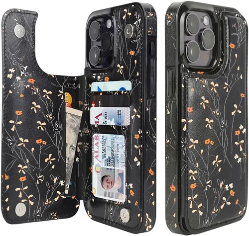Vista 51 de uCOLOR - Funda tipo cartera para iPhone 15 con tarjetero y diseño de lunares con leche de almendra Bloqueo RFID de piel sintética para mujeres